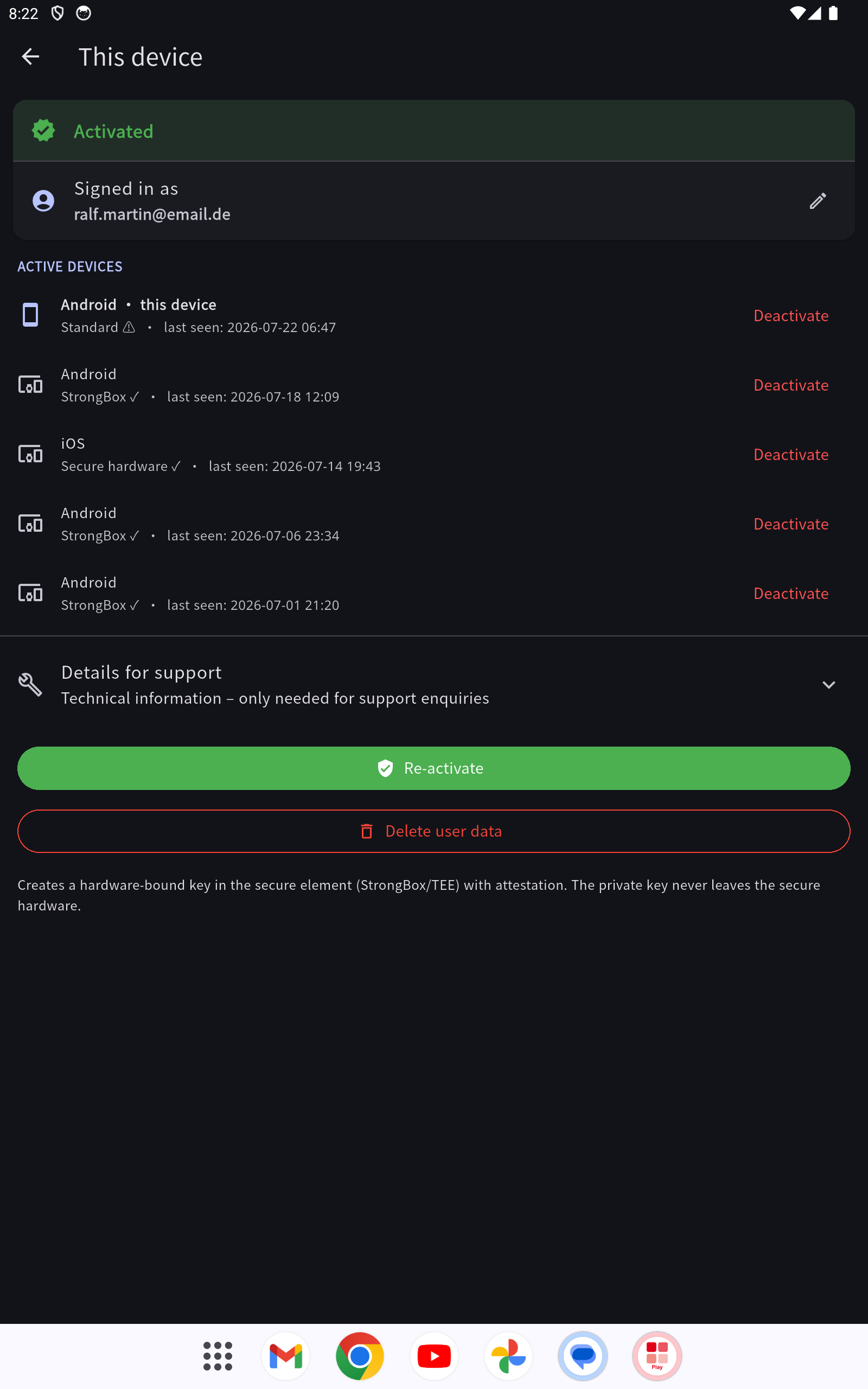 Activation: signed-in email, device status and "Deactivate device"
