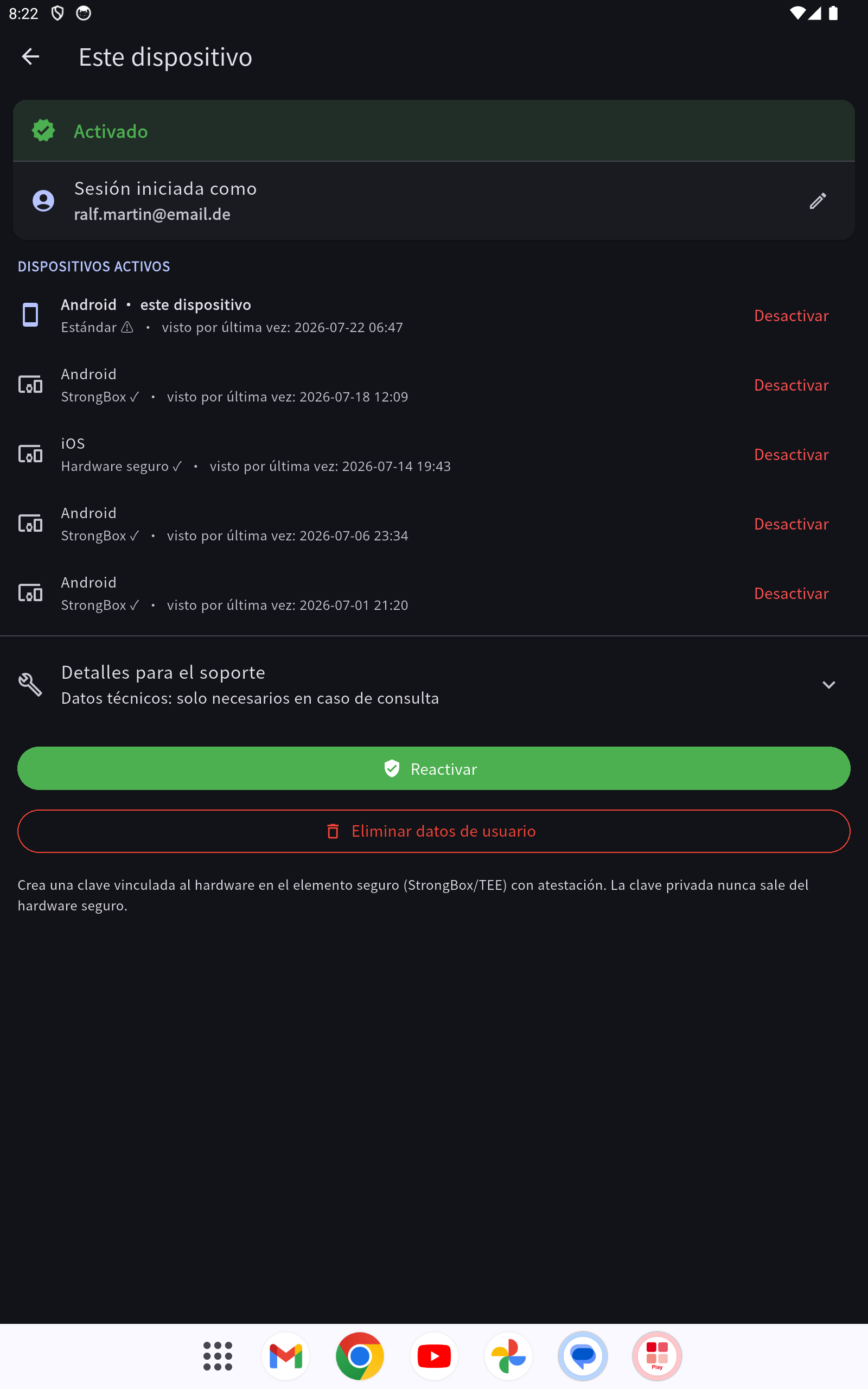Activación: correo con sesión iniciada, estado del dispositivo y «Desactivar dispositivo»