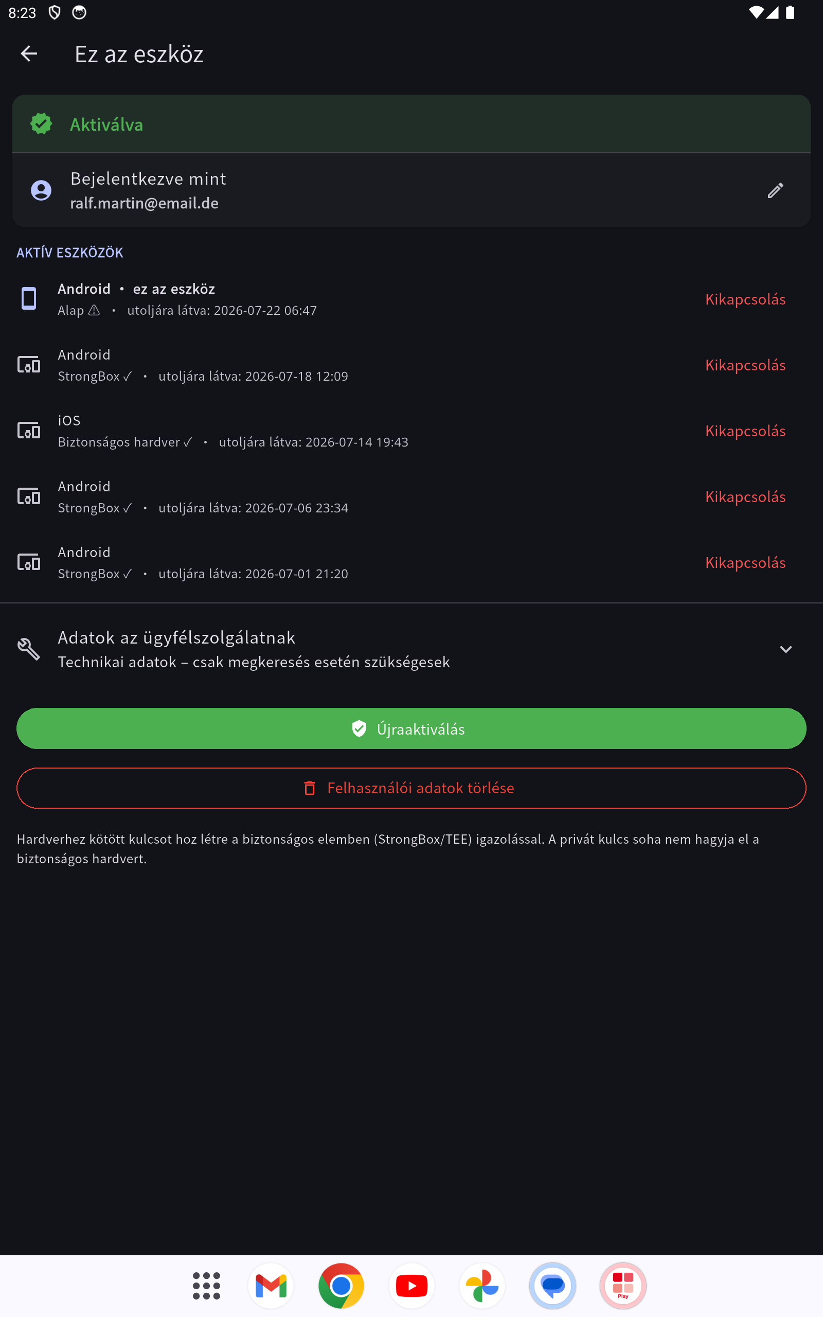 Aktiválás: bejelentkezett e-mail, eszközállapot és „Eszköz kikapcsolása”