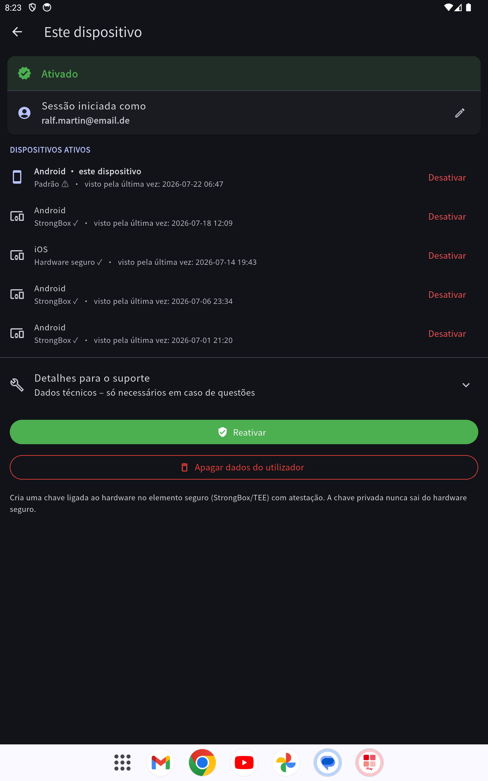 Ativação: email com sessão iniciada, estado do dispositivo e «Desativar dispositivo»
