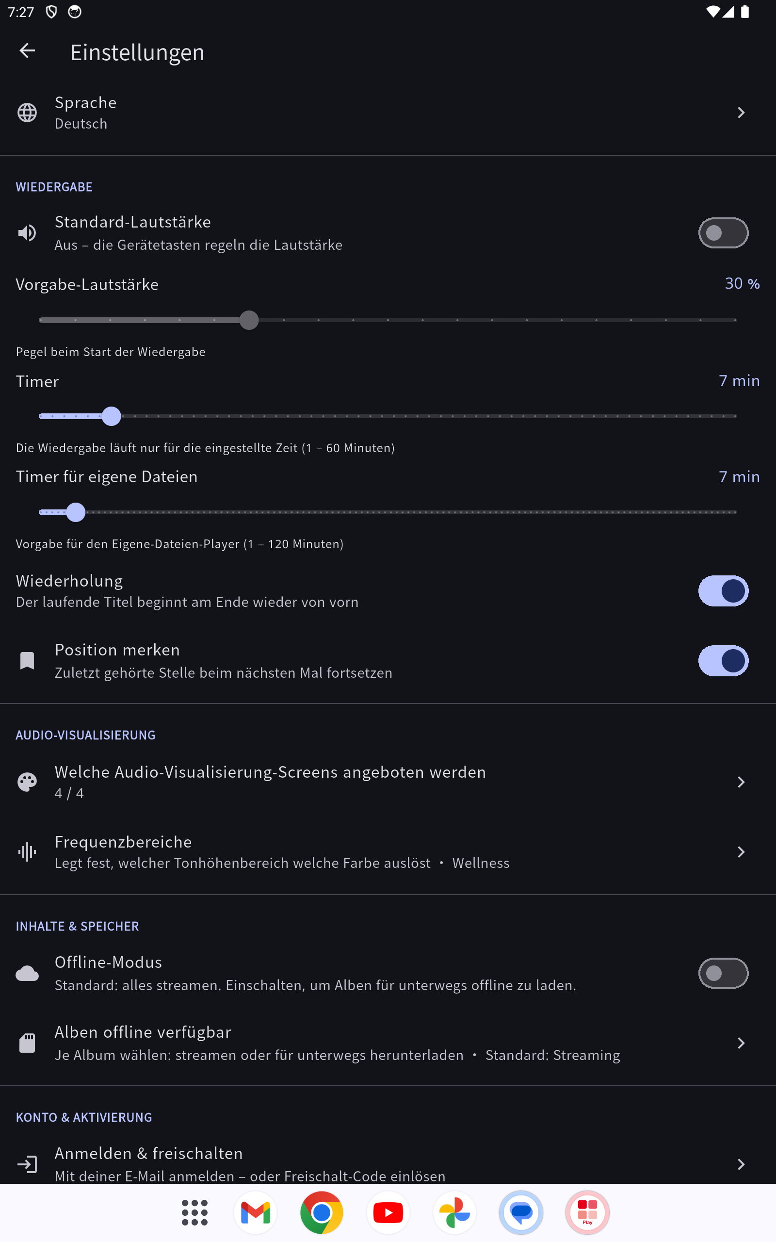 Die Einstellungen mit den Abschnitten Wiedergabe, Sprache, Komfort und „Konto & Aktivierung"