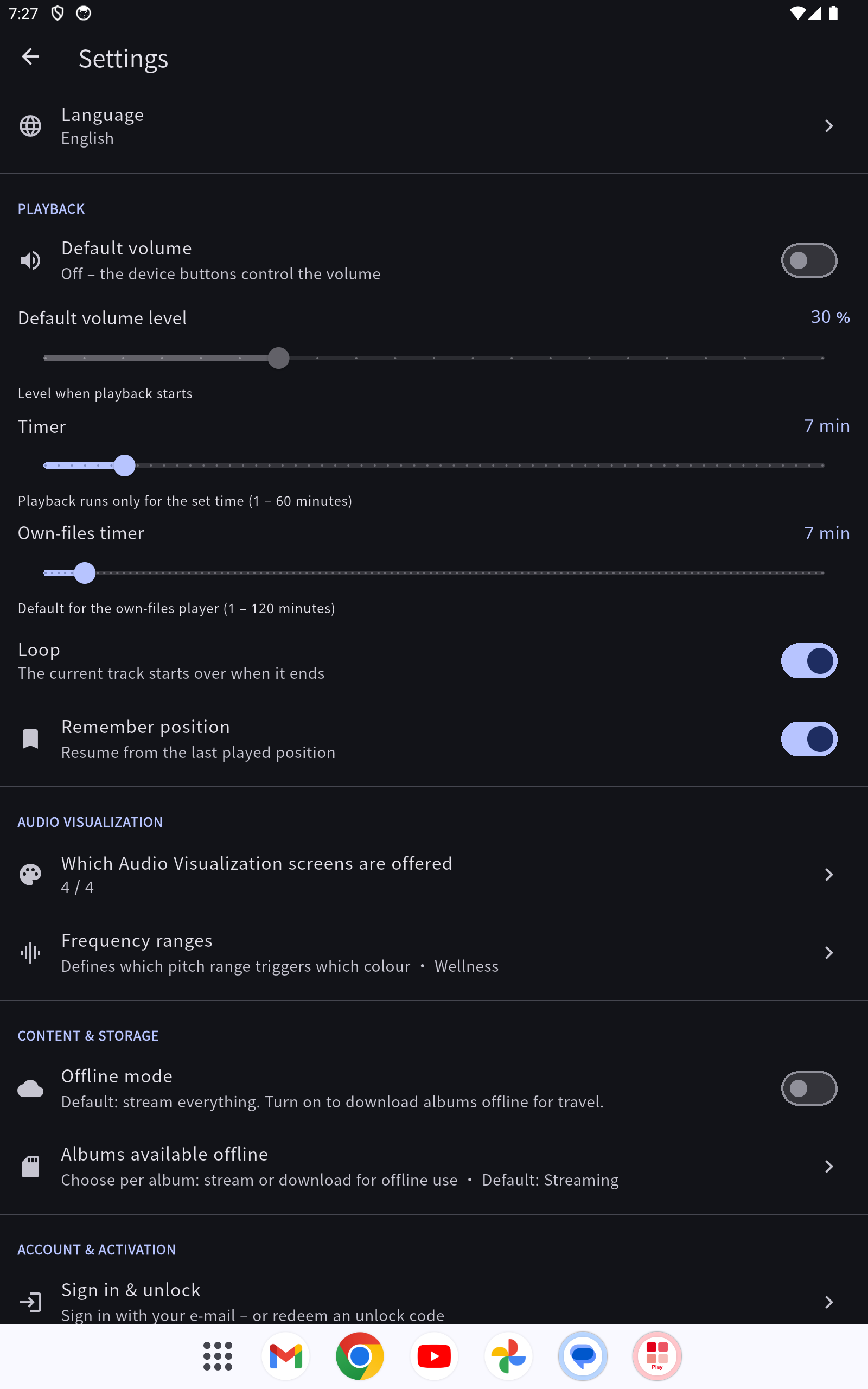 The settings with the sections Playback, Language, Comfort and "Account & activation"