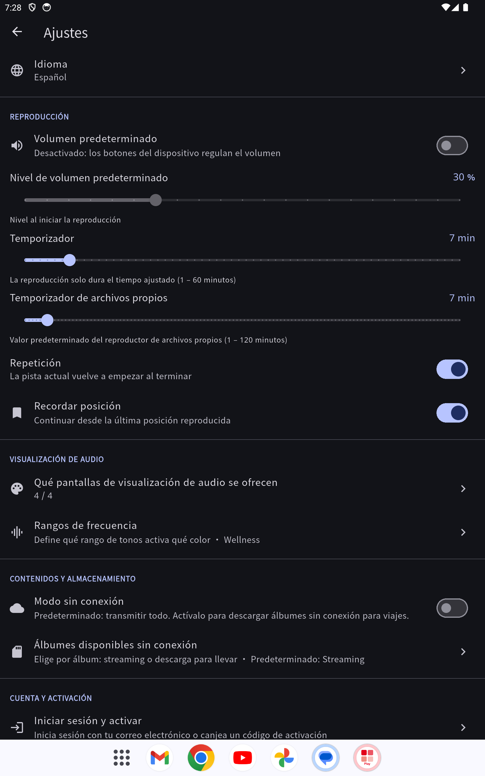 Los ajustes con las secciones Reproducción, Idioma, Confort y «Cuenta y activación»