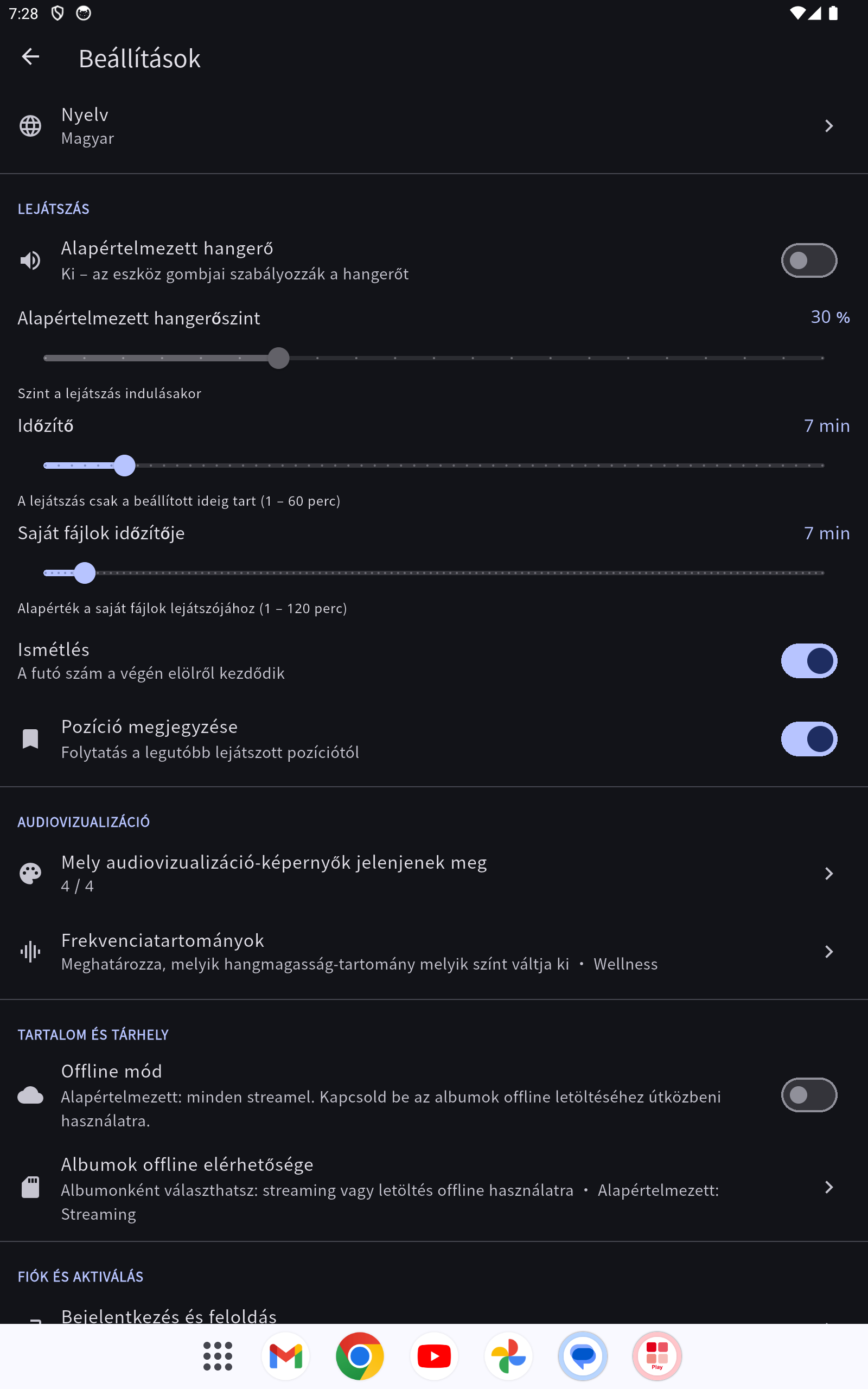 A beállítások a Lejátszás, Nyelv, Kényelem és „Fiók és aktiválás” szakaszokkal
