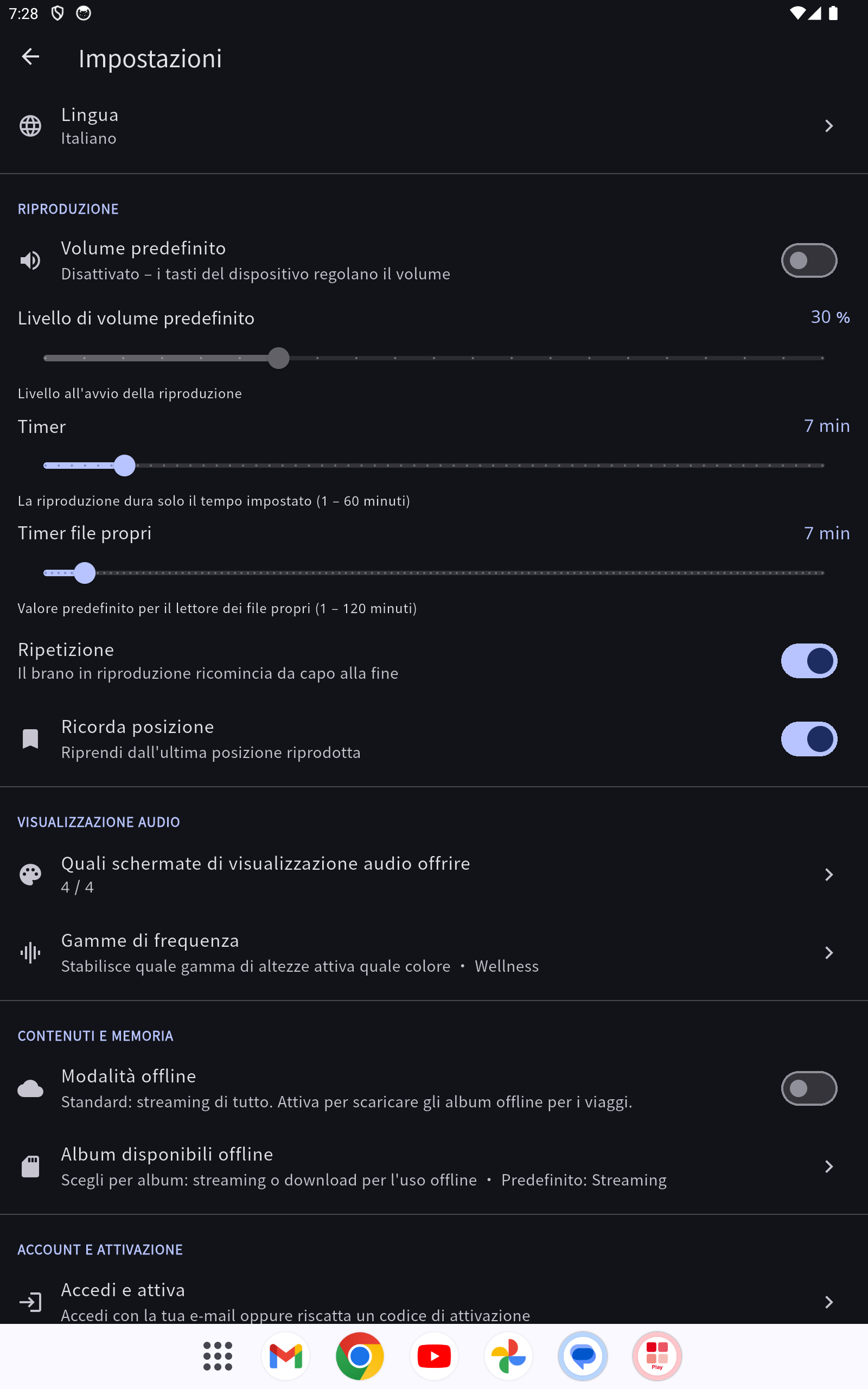 Le impostazioni con le sezioni Riproduzione, Lingua, Comfort e «Account e attivazione»
