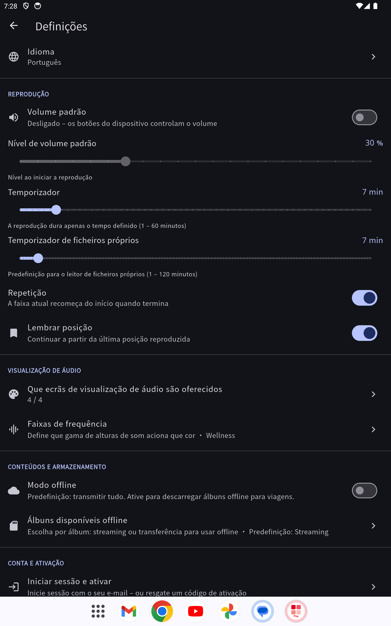As definições com as secções Reprodução, Idioma, Conforto e «Conta e ativação»